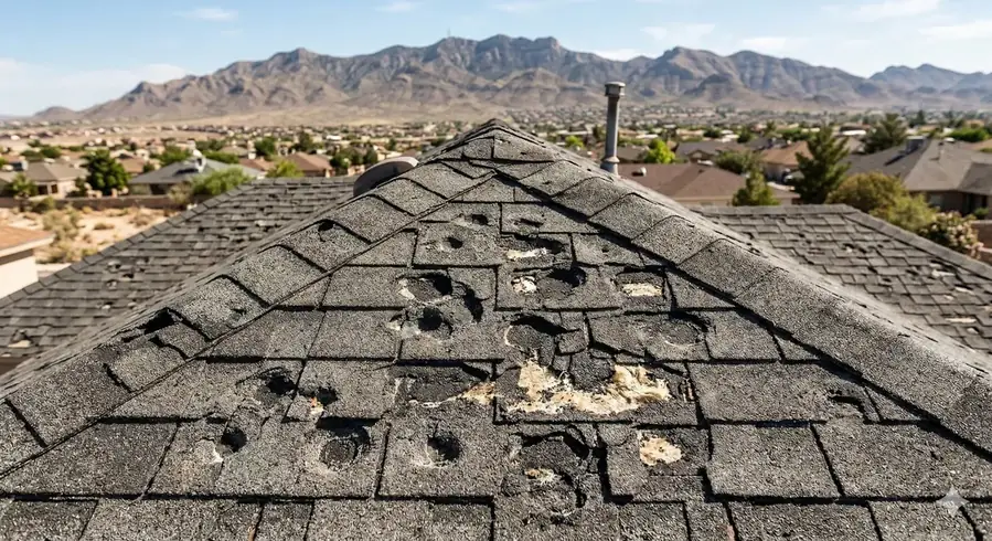 Hail damage on El Paso roof — dented and dimpled shingles with granule loss